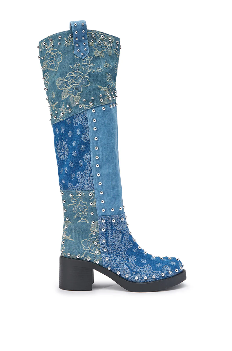AZALEA WANG LUVIENNE DENIM PATCHWORK STUDDED BLOCK BOOT - Image 4