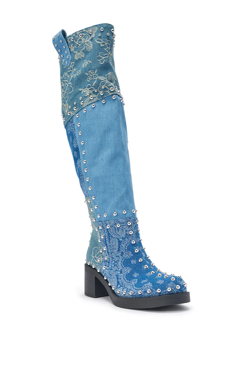 AZALEA WANG LUVIENNE DENIM PATCHWORK STUDDED BLOCK BOOT - Image 5