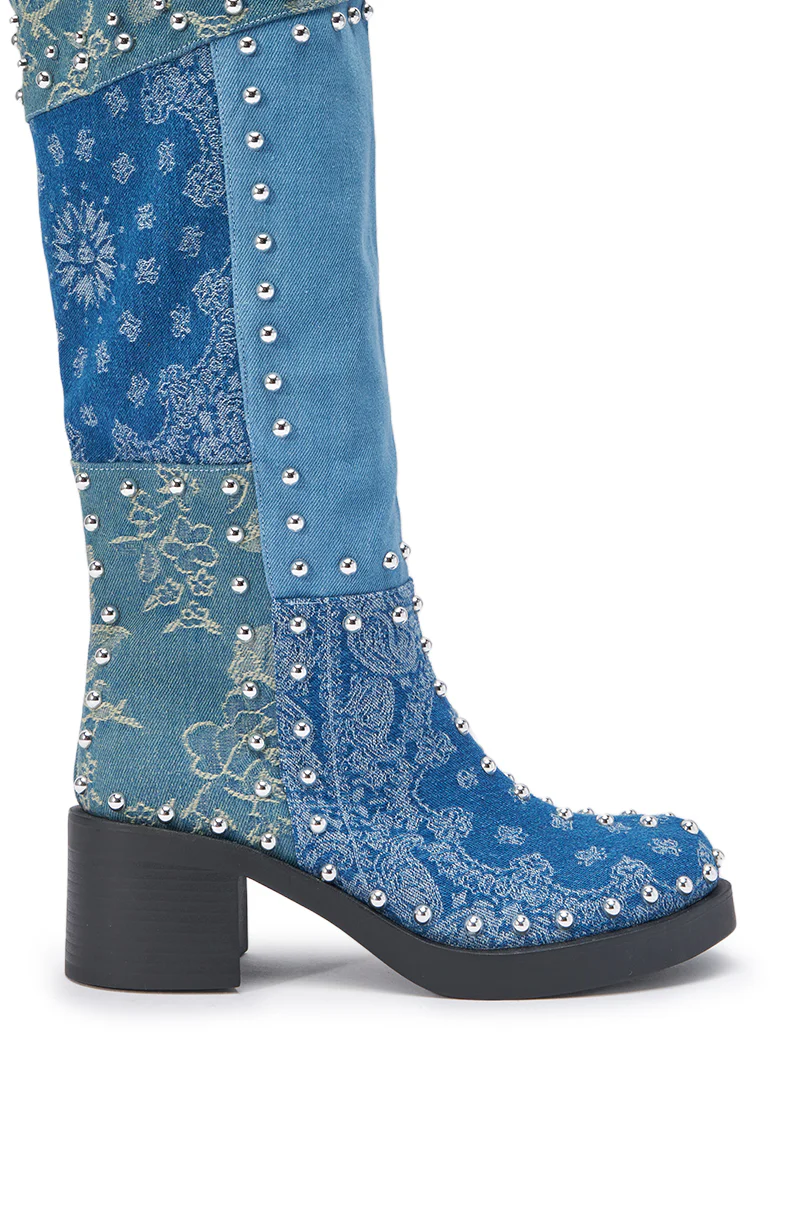 AZALEA WANG LUVIENNE DENIM PATCHWORK STUDDED BLOCK BOOT - Image 7