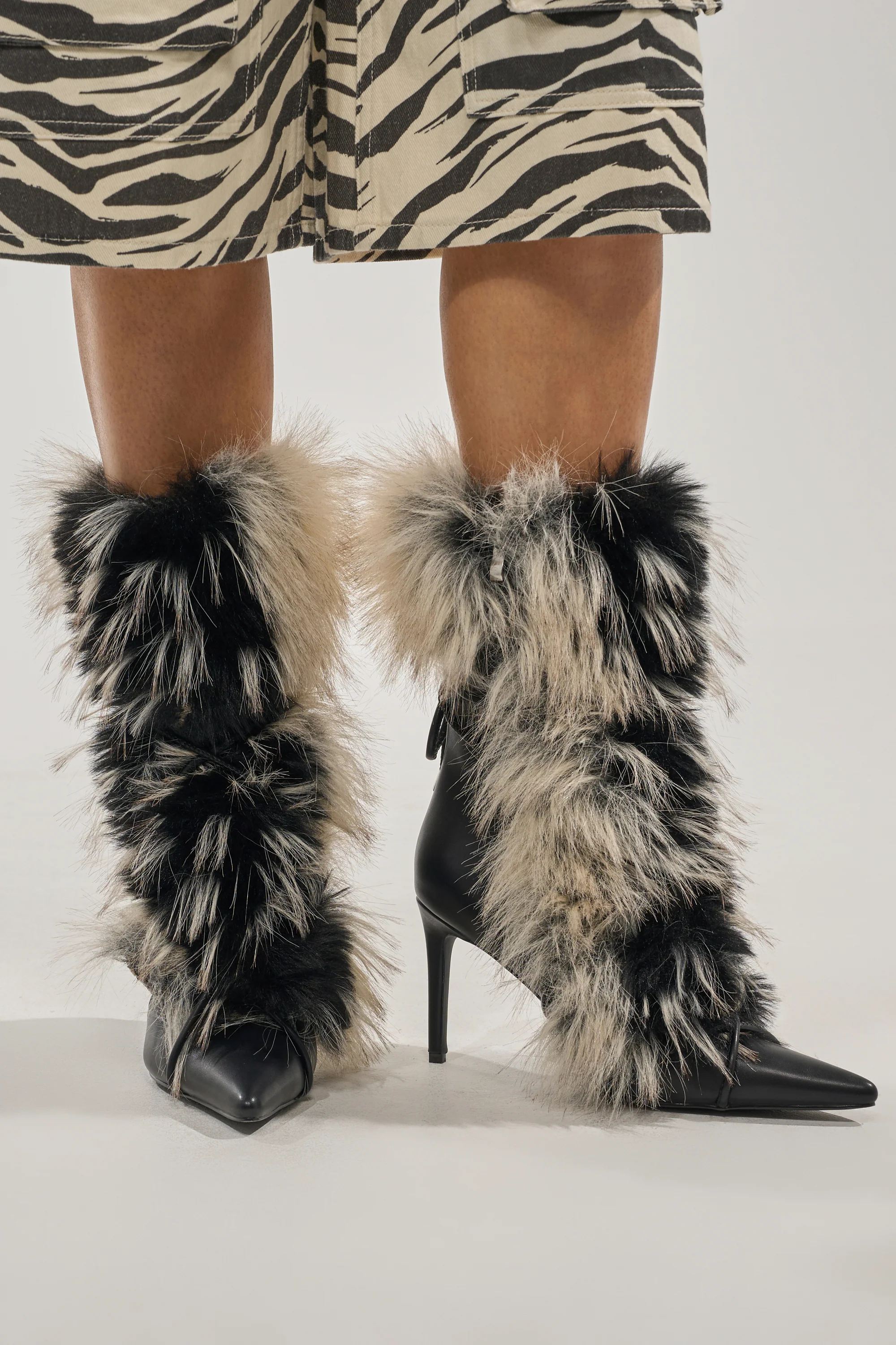 AZALEA WANG MAHTAMA BLACK AND BEIGE FUR STILETTO BOOTIE - Image 7