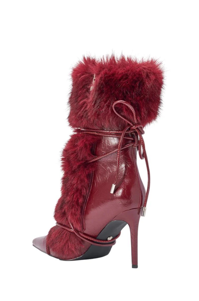 AZALEA WANG MAHTAMA BURGUNDY FUR STILETTO BOOTIE - Image 5