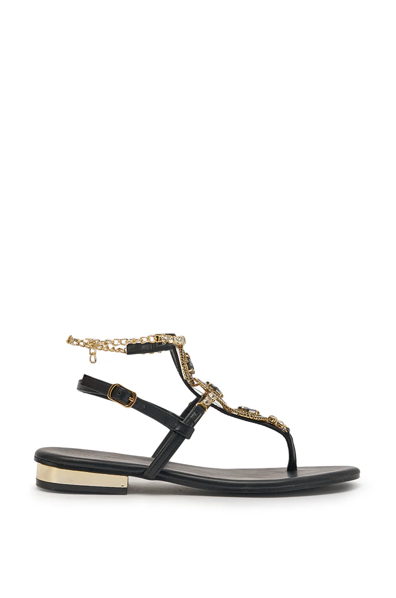 AZALEA WANG RAFEE BLACK RHINESTONE EMBELLISHED FLAT STRAP SANDAL - Image 5