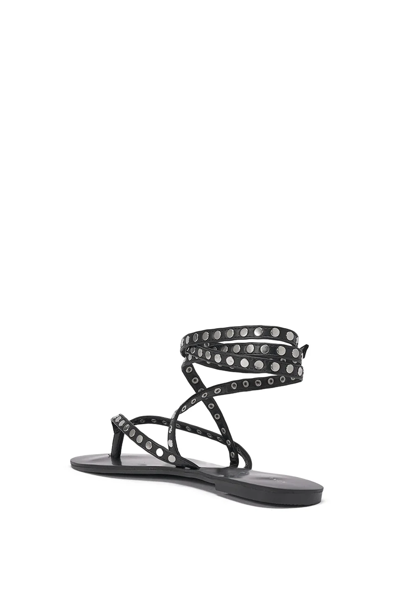 AZALEA WANG RASMUS BLACK SILVER STUD EMBELLISHED FLAT STRAP SANDAL - Image 6