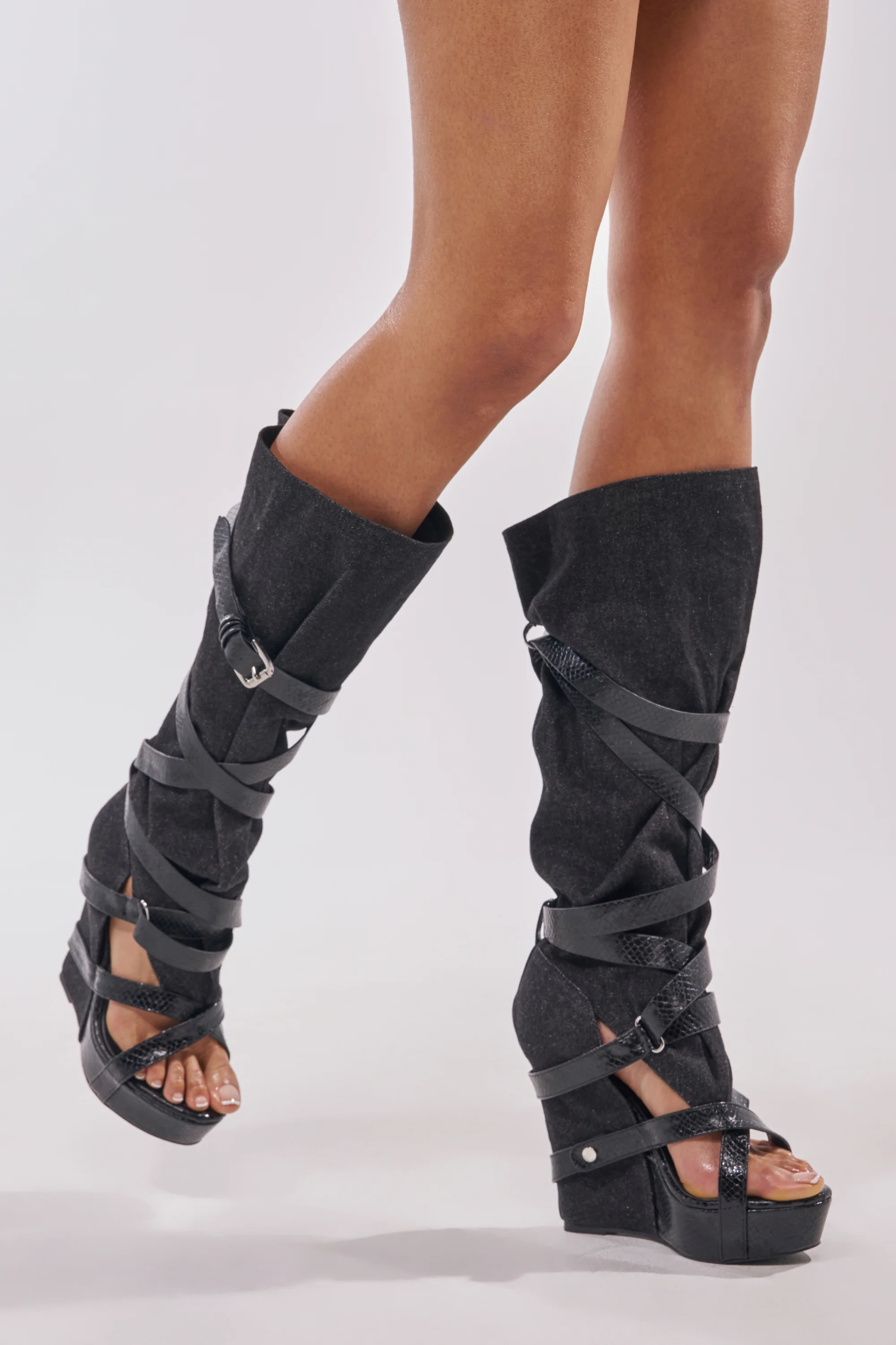 AZALEA WANG ROTHKID BLACK DENIM  KNEE HIGH OPEN TOE BOOT - Image 3