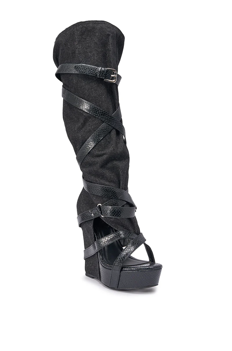 AZALEA WANG ROTHKID BLACK DENIM  KNEE HIGH OPEN TOE BOOT - Image 7