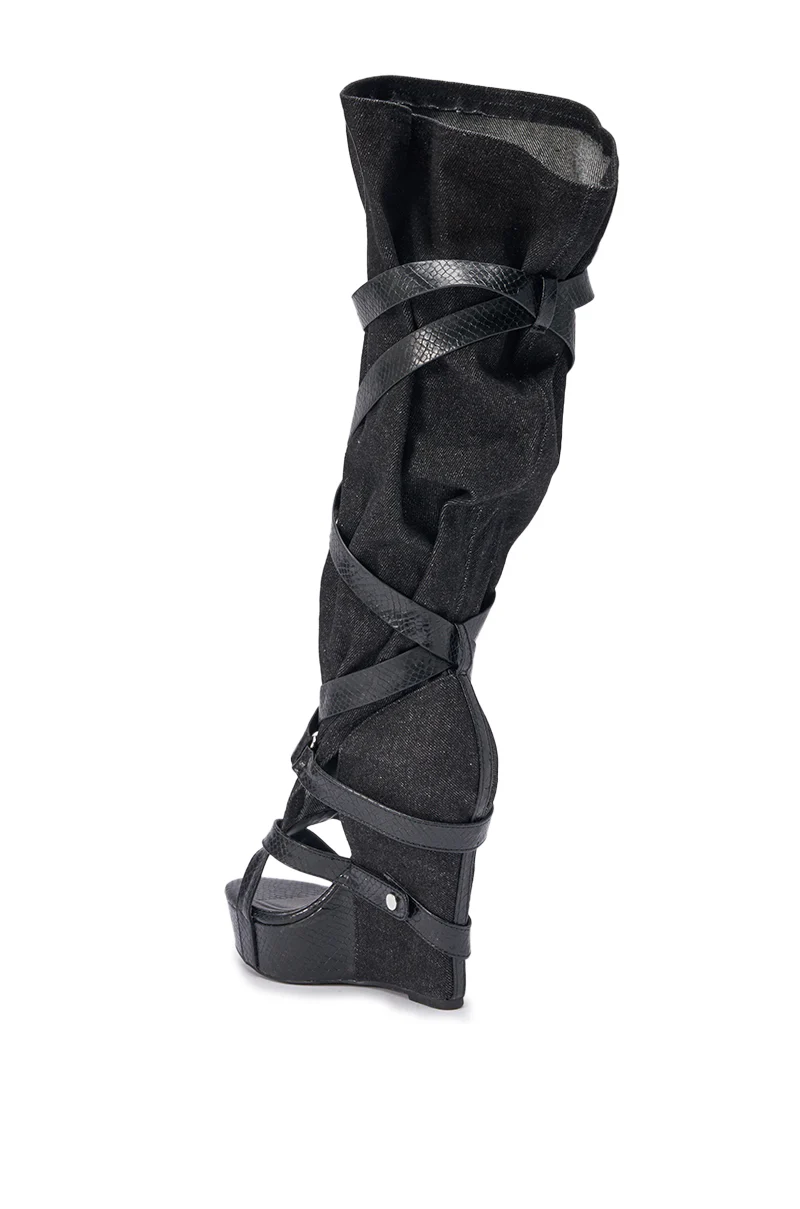 AZALEA WANG ROTHKID BLACK DENIM  KNEE HIGH OPEN TOE BOOT - Image 8
