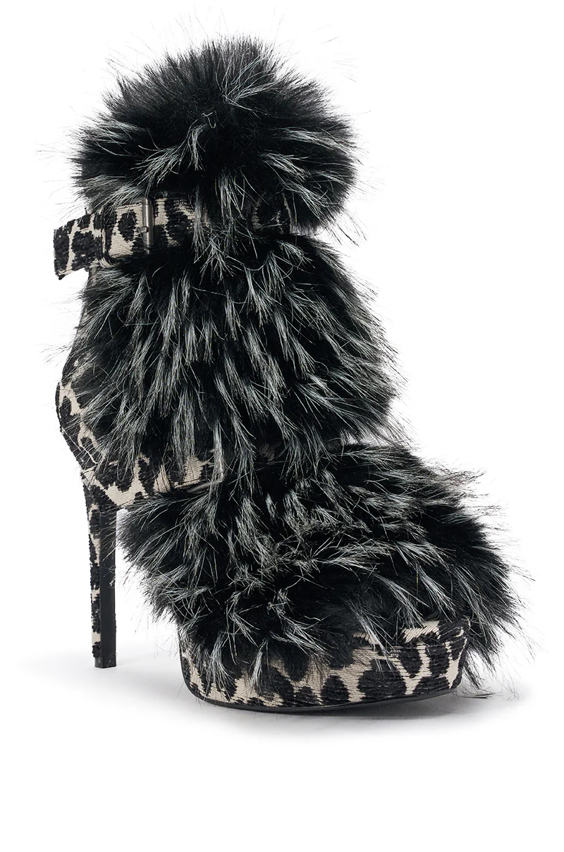 AZALEA WANG SERIOUS BLACK AND WHITE LEOPARD WITH FUR OPEN TOE STILETTO BOOTIE - Image 26