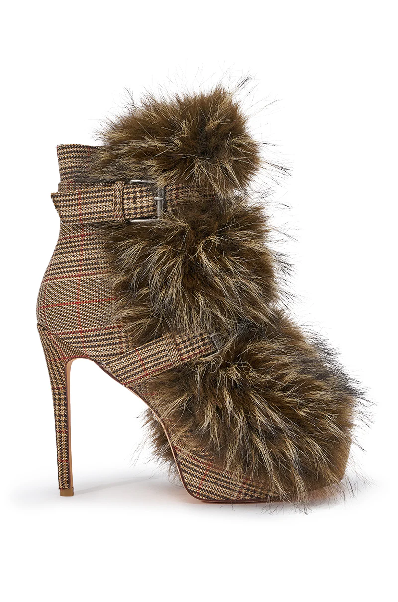 AZALEA WANG SERIOUS BROWN PLAID WITH FUR OPEN TOE STILETTO BOOTIE - Image 4