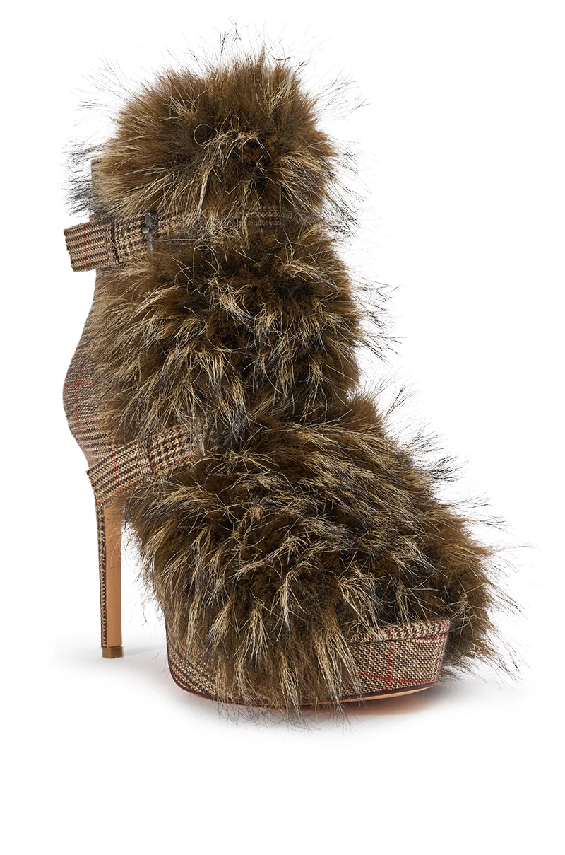 AZALEA WANG SERIOUS BROWN PLAID WITH FUR OPEN TOE STILETTO BOOTIE - Image 5