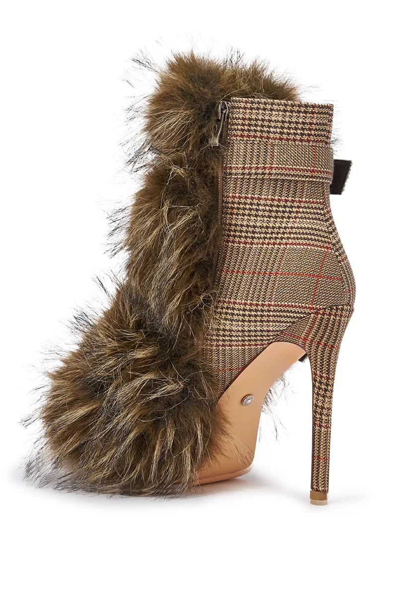 AZALEA WANG SERIOUS BROWN PLAID WITH FUR OPEN TOE STILETTO BOOTIE - Image 6