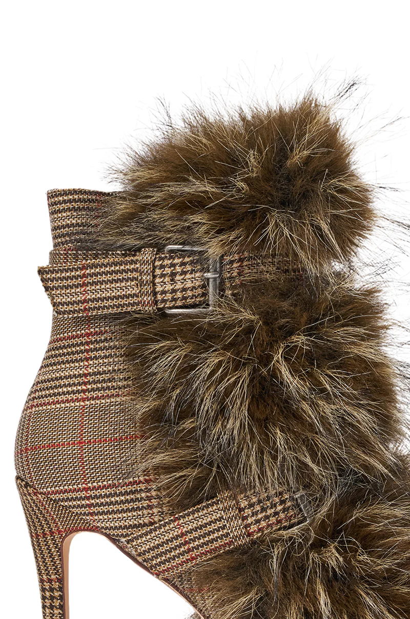 AZALEA WANG SERIOUS BROWN PLAID WITH FUR OPEN TOE STILETTO BOOTIE - Image 7