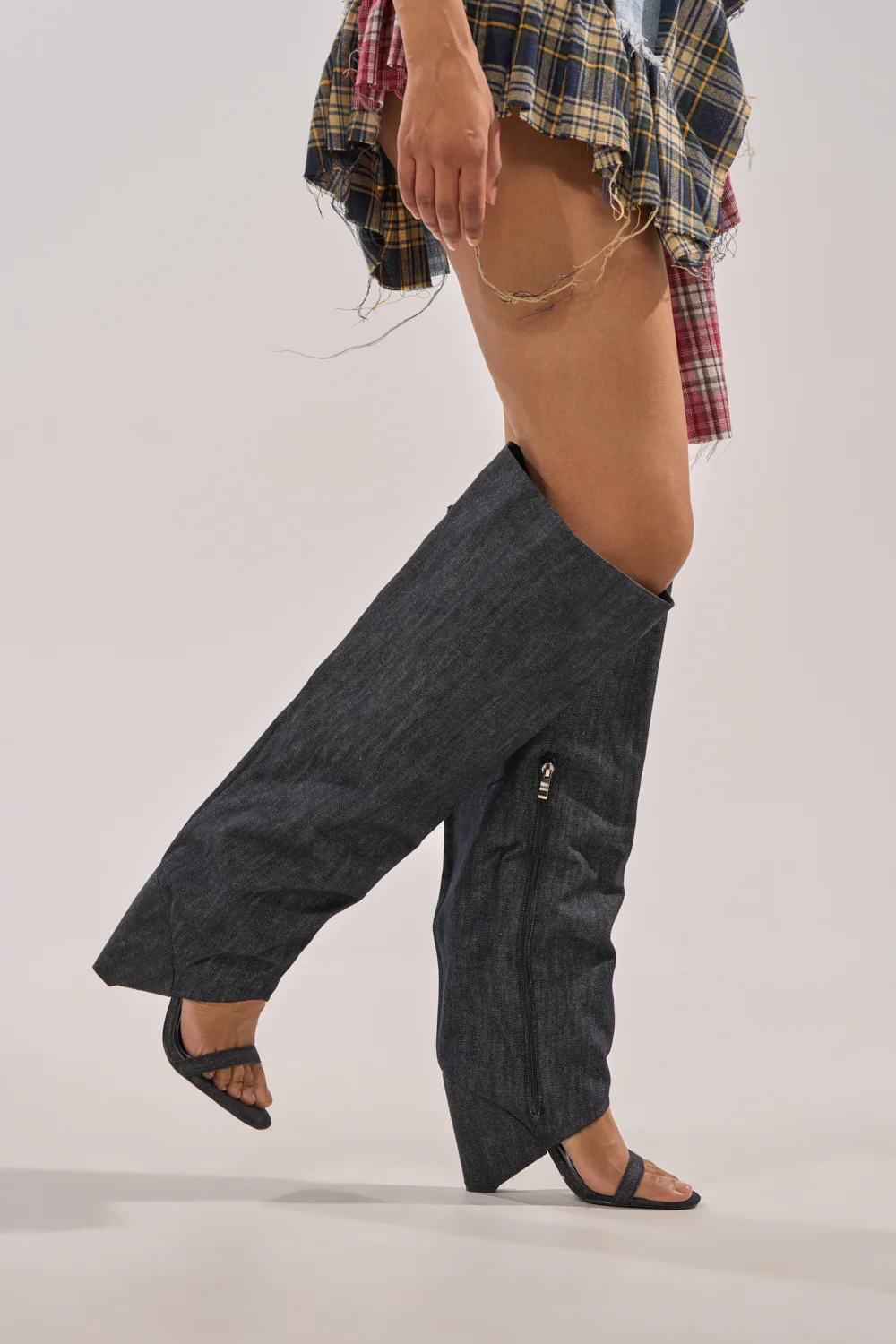 AZALEA WANG VEONA DARK DENIM OVER THE KNEE CHUNKY HEEL SANDAL - Image 2