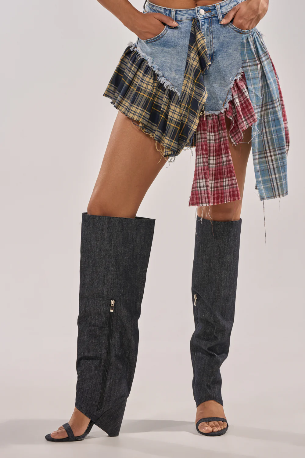 AZALEA WANG VEONA DARK DENIM OVER THE KNEE CHUNKY HEEL SANDAL - Image 3