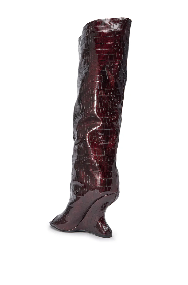 AZALEA WANG VINCENT BURGUNDY CROC OPEN TOE WEDGE BOOT - Image 11