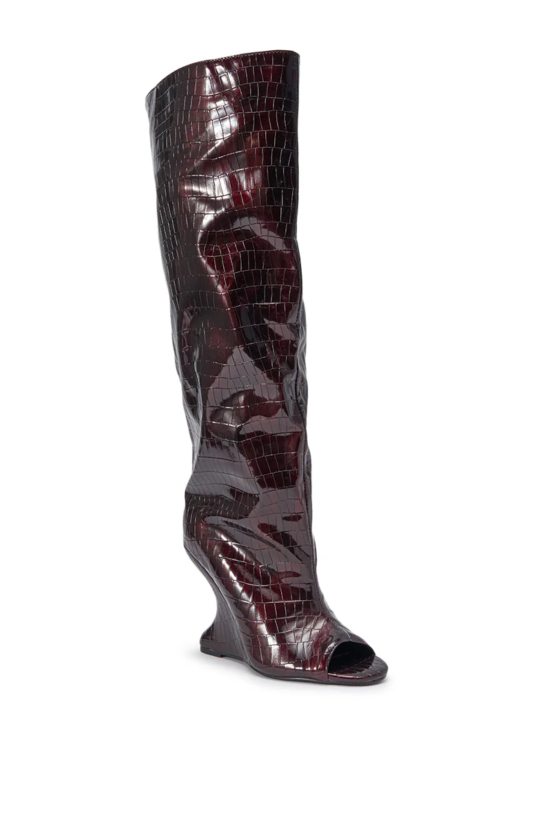 AZALEA WANG VINCENT BURGUNDY CROC OPEN TOE WEDGE BOOT - Image 25