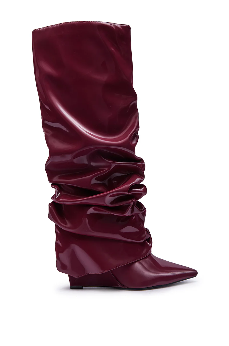 AZALEA WANG ZYLLA BURGUNDY PATENT WEDGE RUCHED BOOT - Image 4