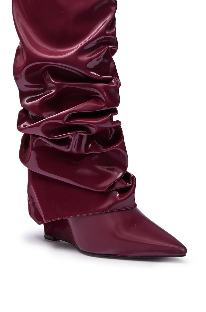 AZALEA WANG ZYLLA BURGUNDY PATENT WEDGE RUCHED BOOT - Image 7