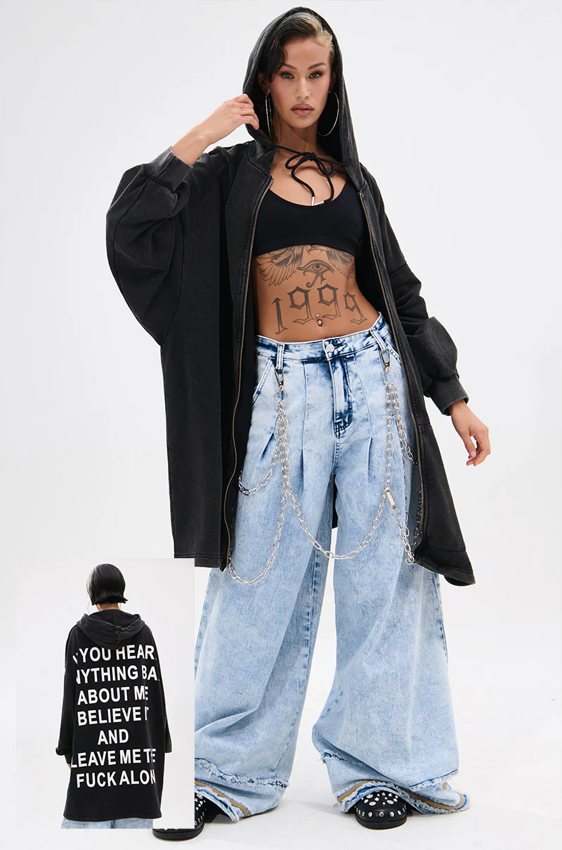 BELIEVE WHAT YOU HEARD OVERSIZED ZIP UP SWEATSHIRT