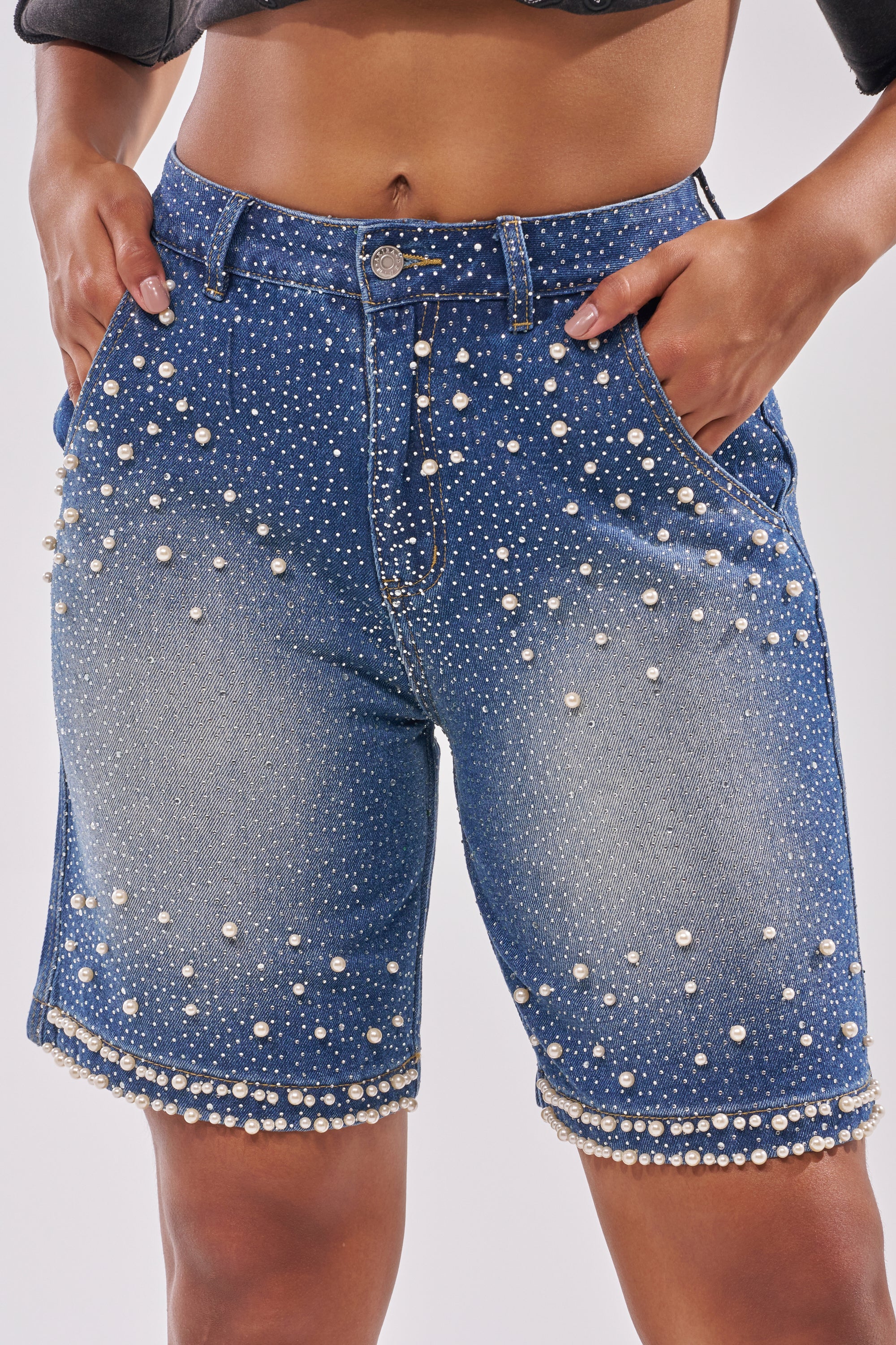 BLINGED OUT CARGO SHORTS IN MEDIUM BLUE DENIM - Image 2