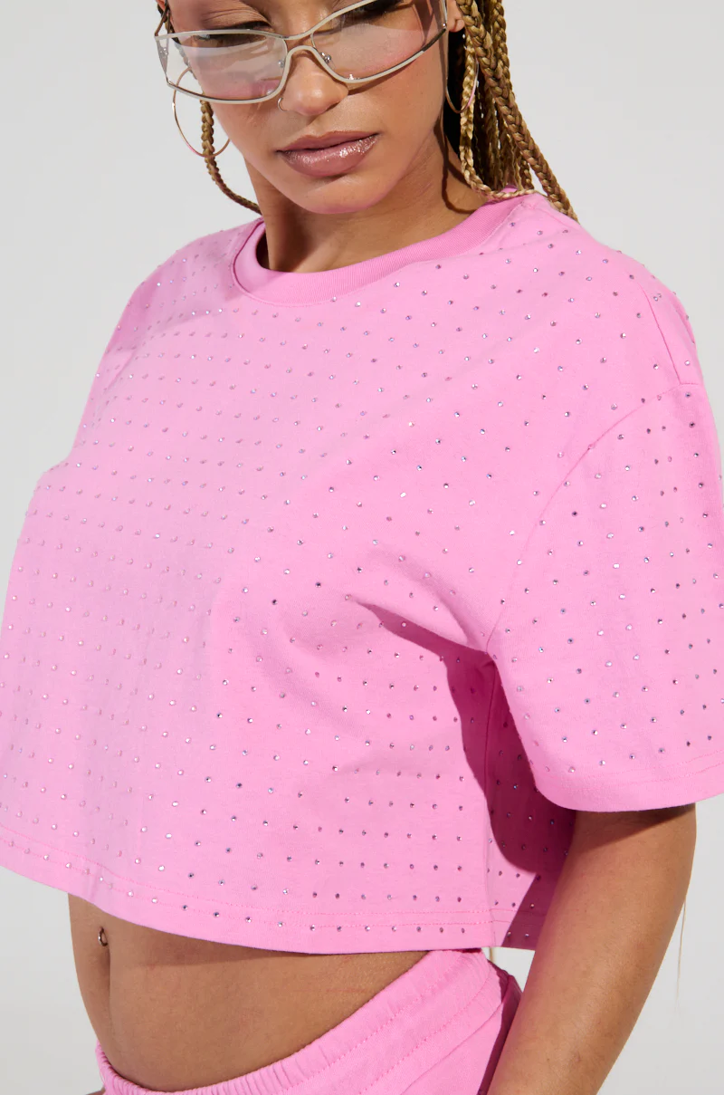 BLOSSOM RHINESTONE EMBELLISHED CROPPED T-SHIRT IN PINK - Image 7