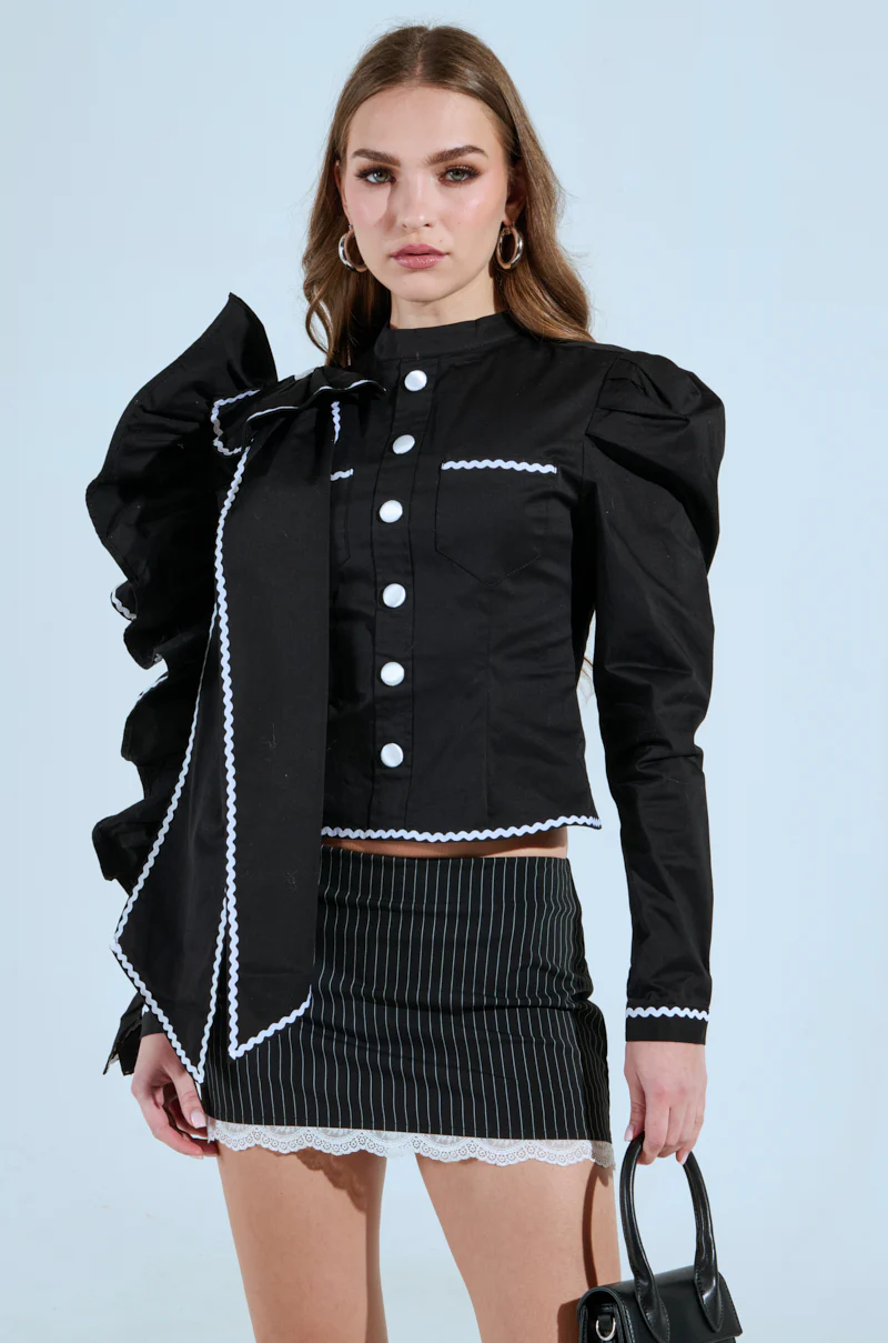 BRING THE DRAMA POPLIN BOW TOP IN BLACK - Image 4
