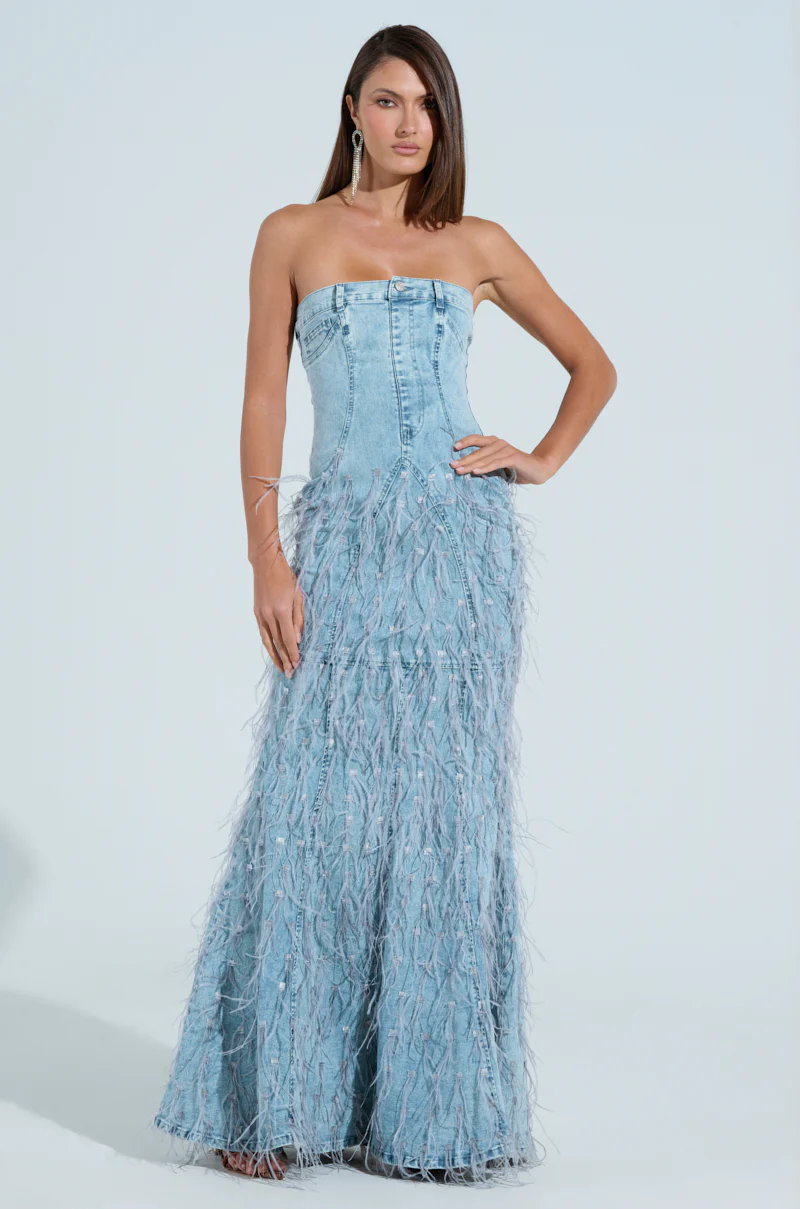 BRITTANY FEATHER DENIM MAXI DRESS - Image 3