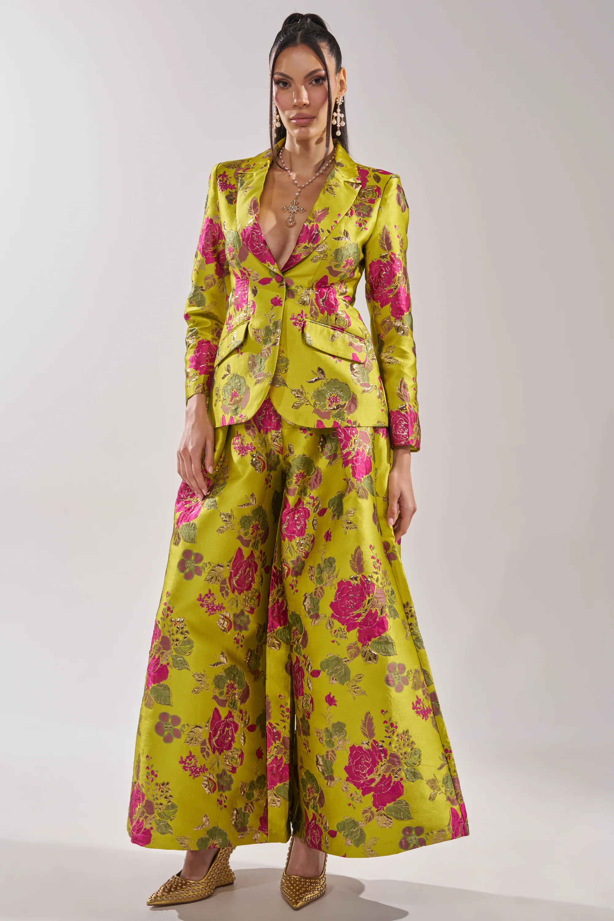 BUY MYSELF FLOWERS BROCADE BLAZER IN LIME - Image 7