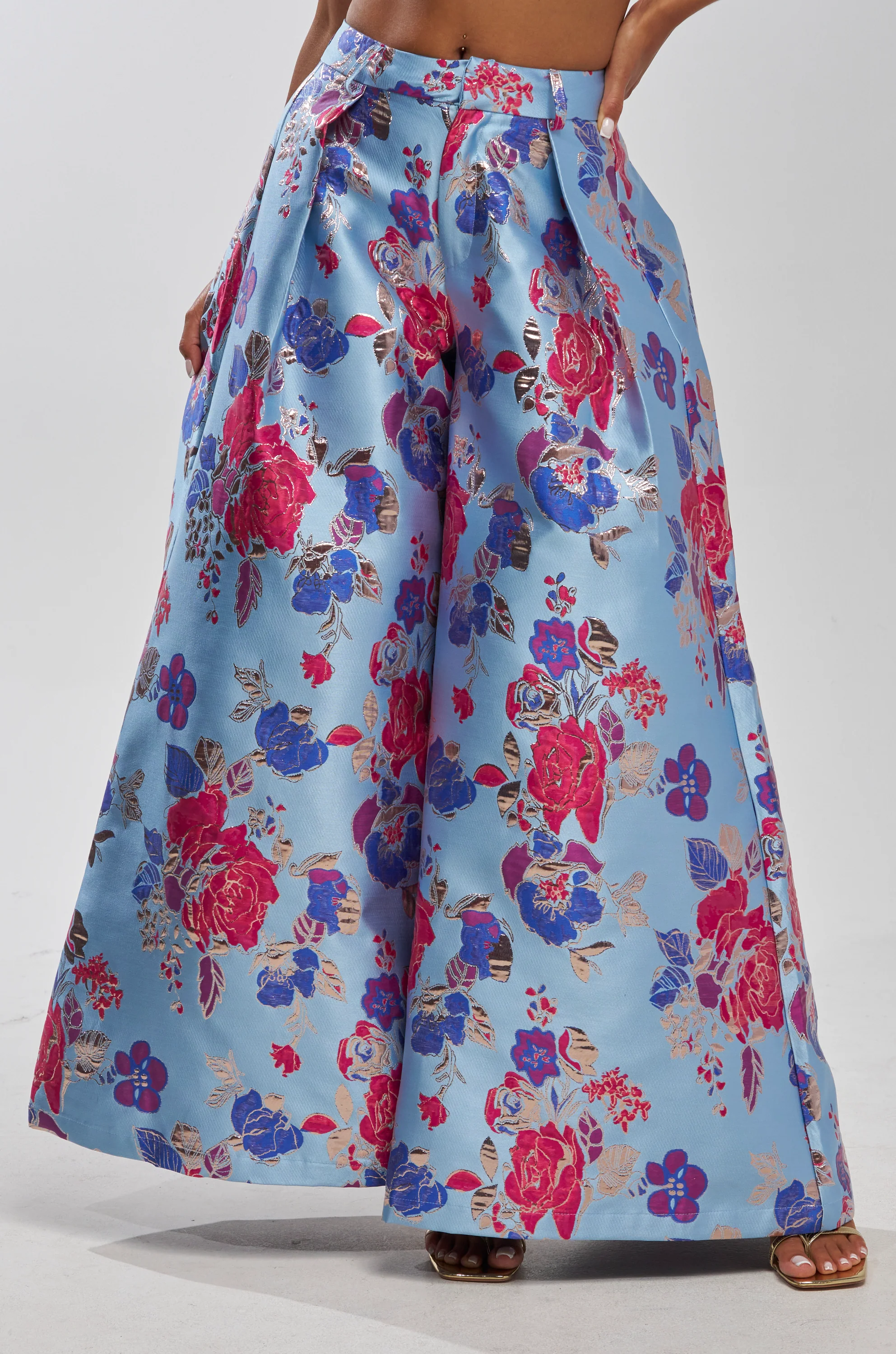 BUY MYSELF FLOWERS BROCADE TROUSER IN BLUE