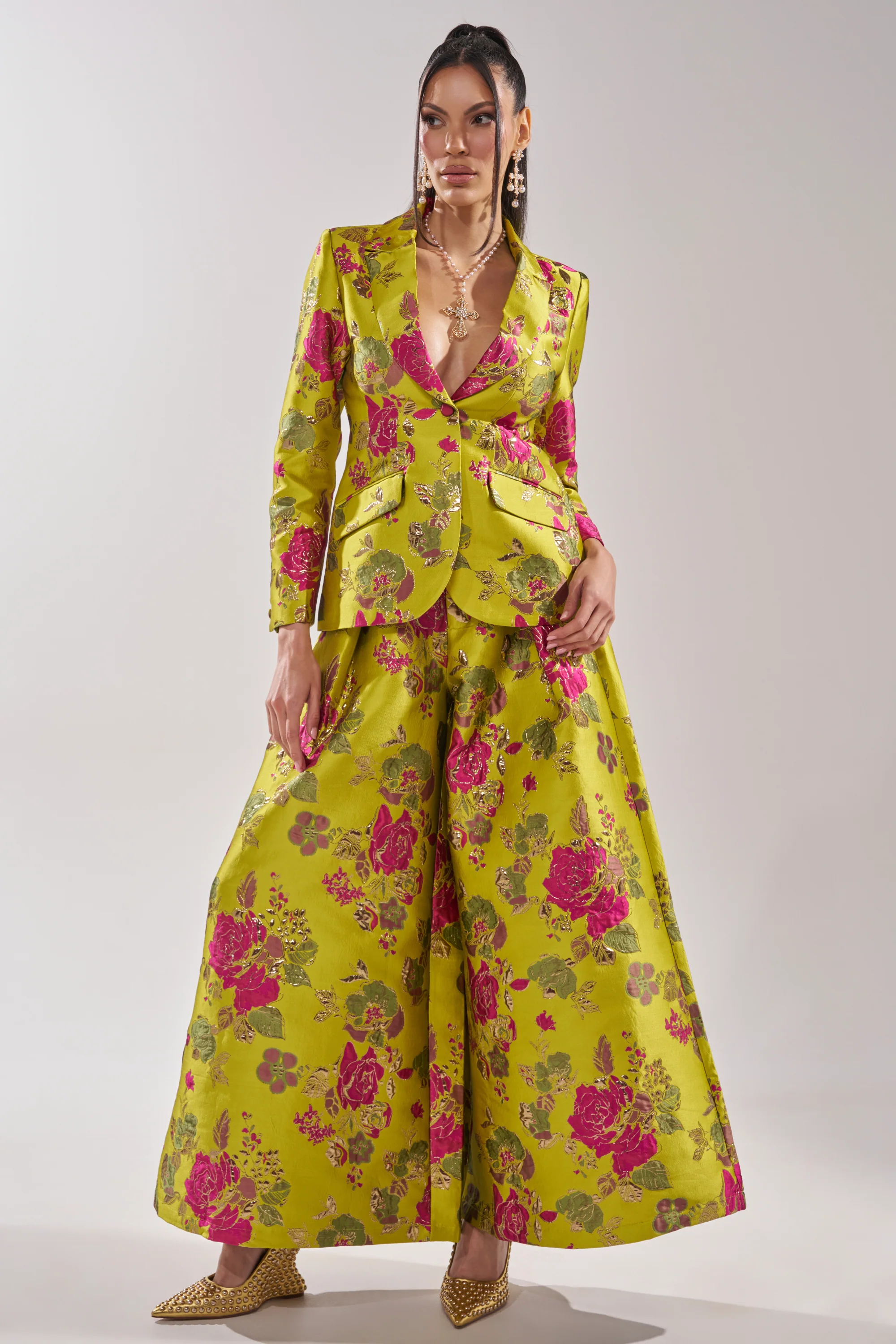BUY MYSELF FLOWERS BROCADE TROUSER IN LIME - Image 8