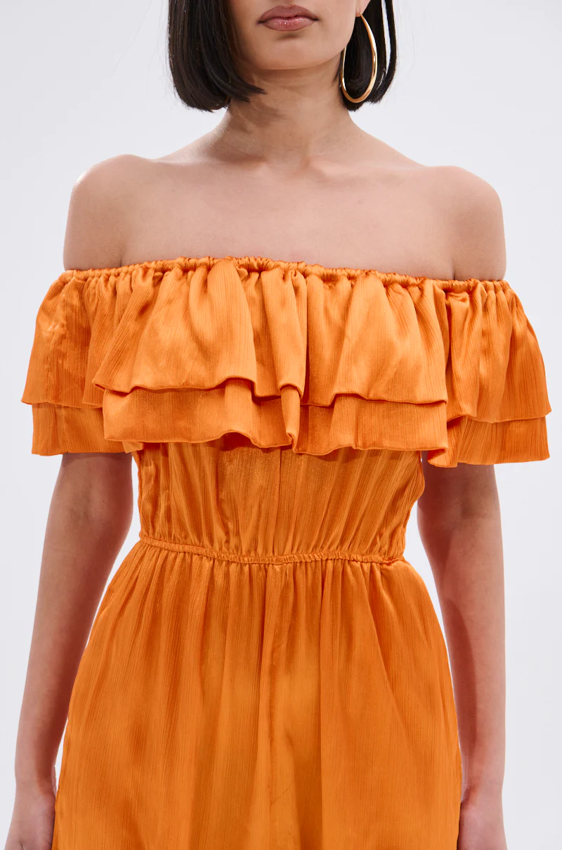 BYE BYE WINTER BLUES OFF THE SHOULDER SATIN JUMPSUIT - Image 5