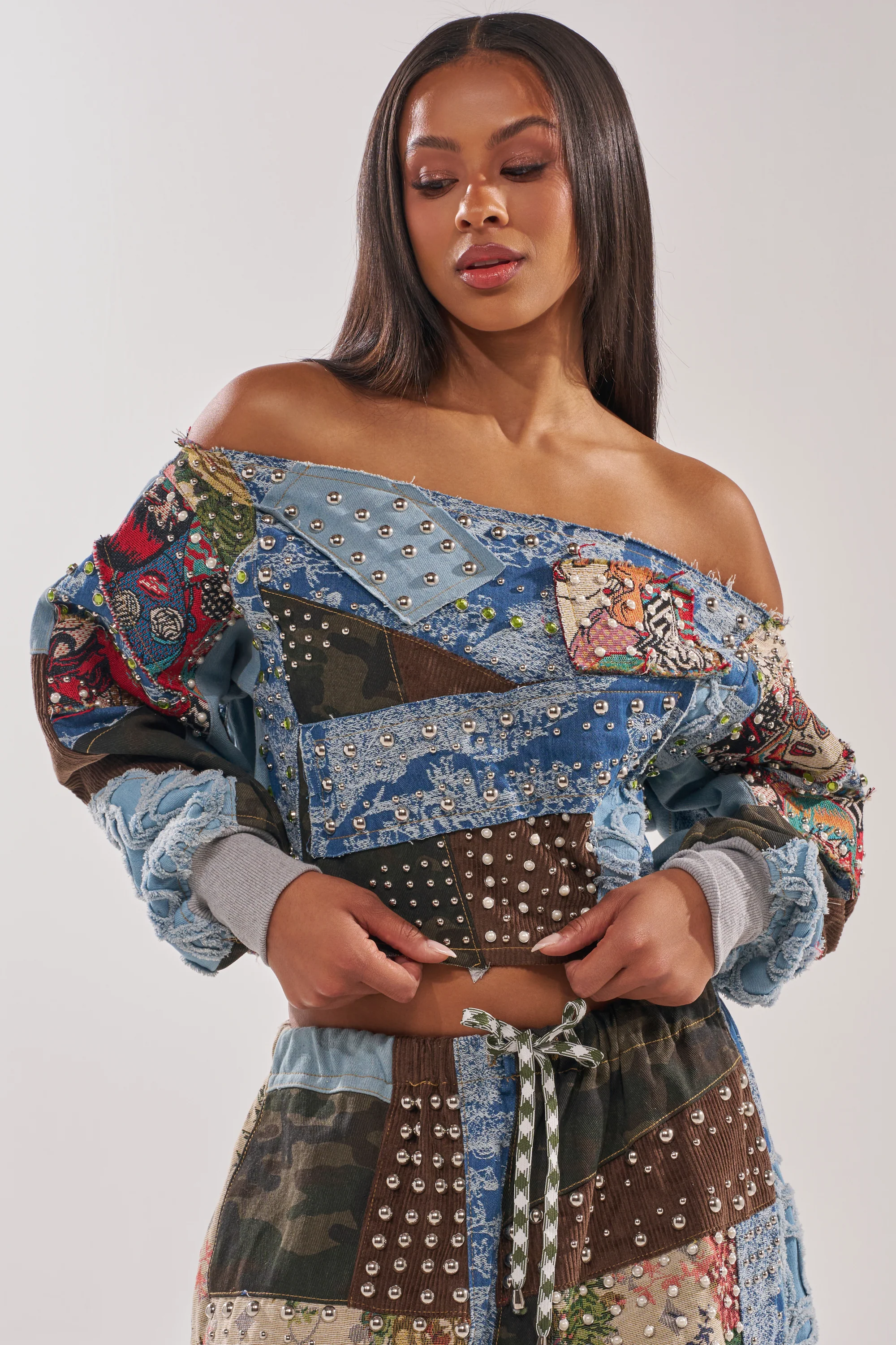 CALL ME CRAZY PATCHWORK OFF THE SHOULDER SWEATSHIRT - Image 2