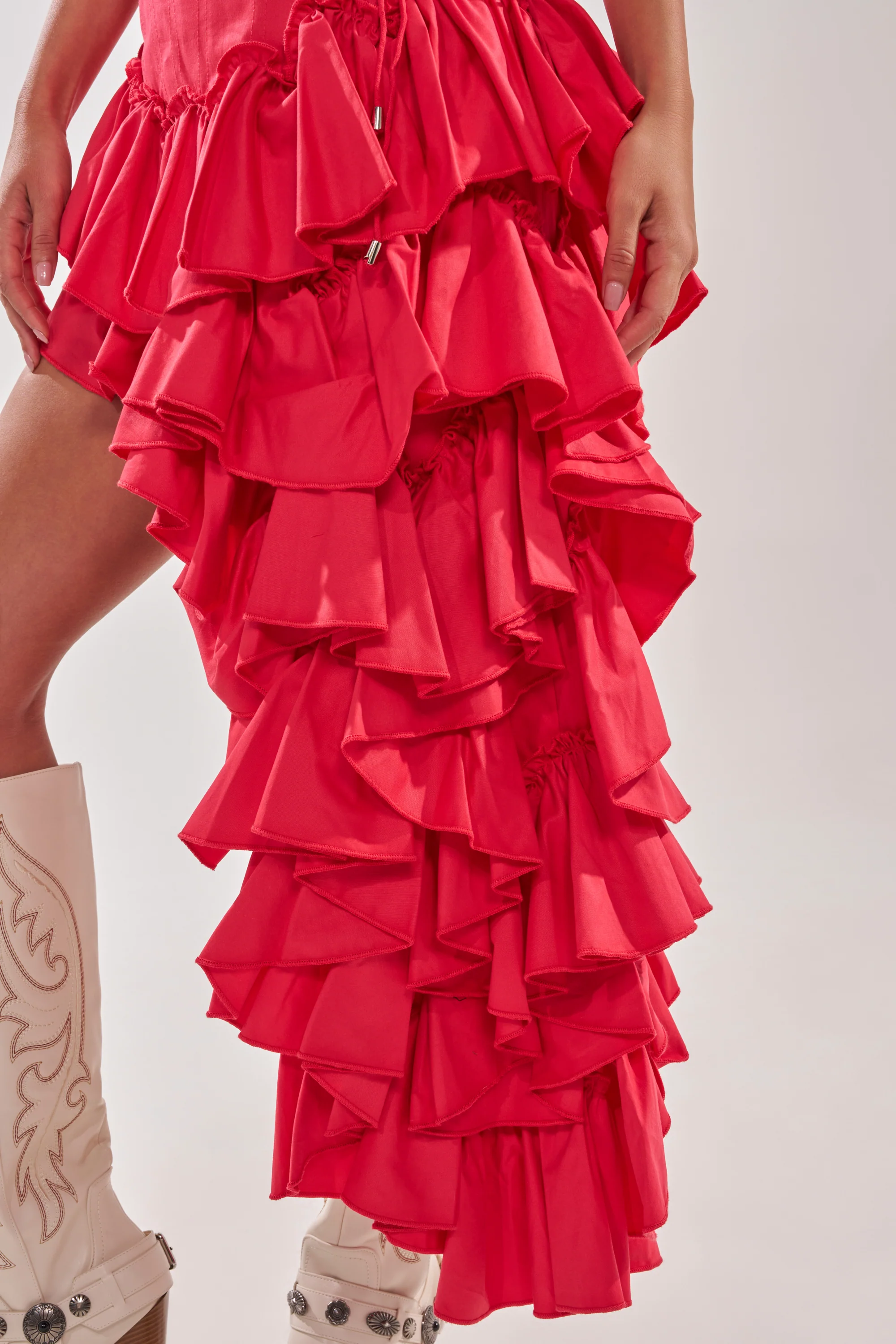 CLAIRE HIGH LOW RUFFLE SKIRT IN RED - Image 11