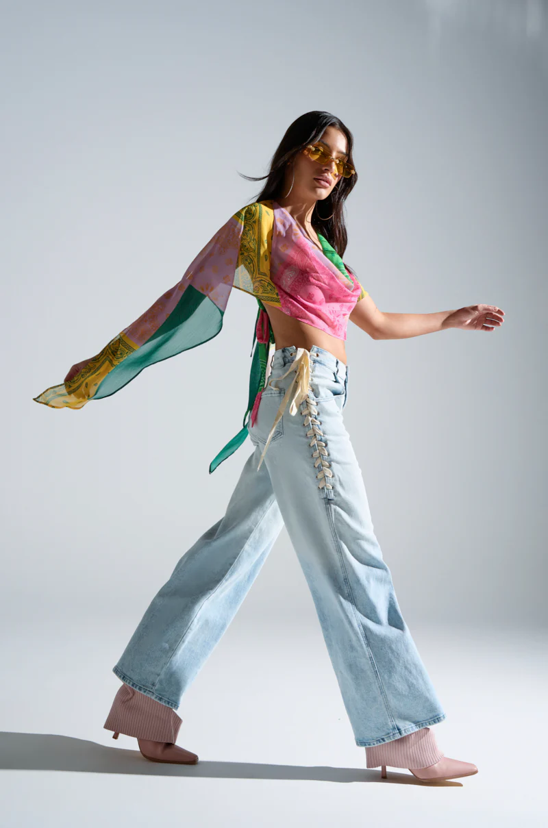 COME HANG WITH ME WIDE LEG DENIM PANT WITH TIES