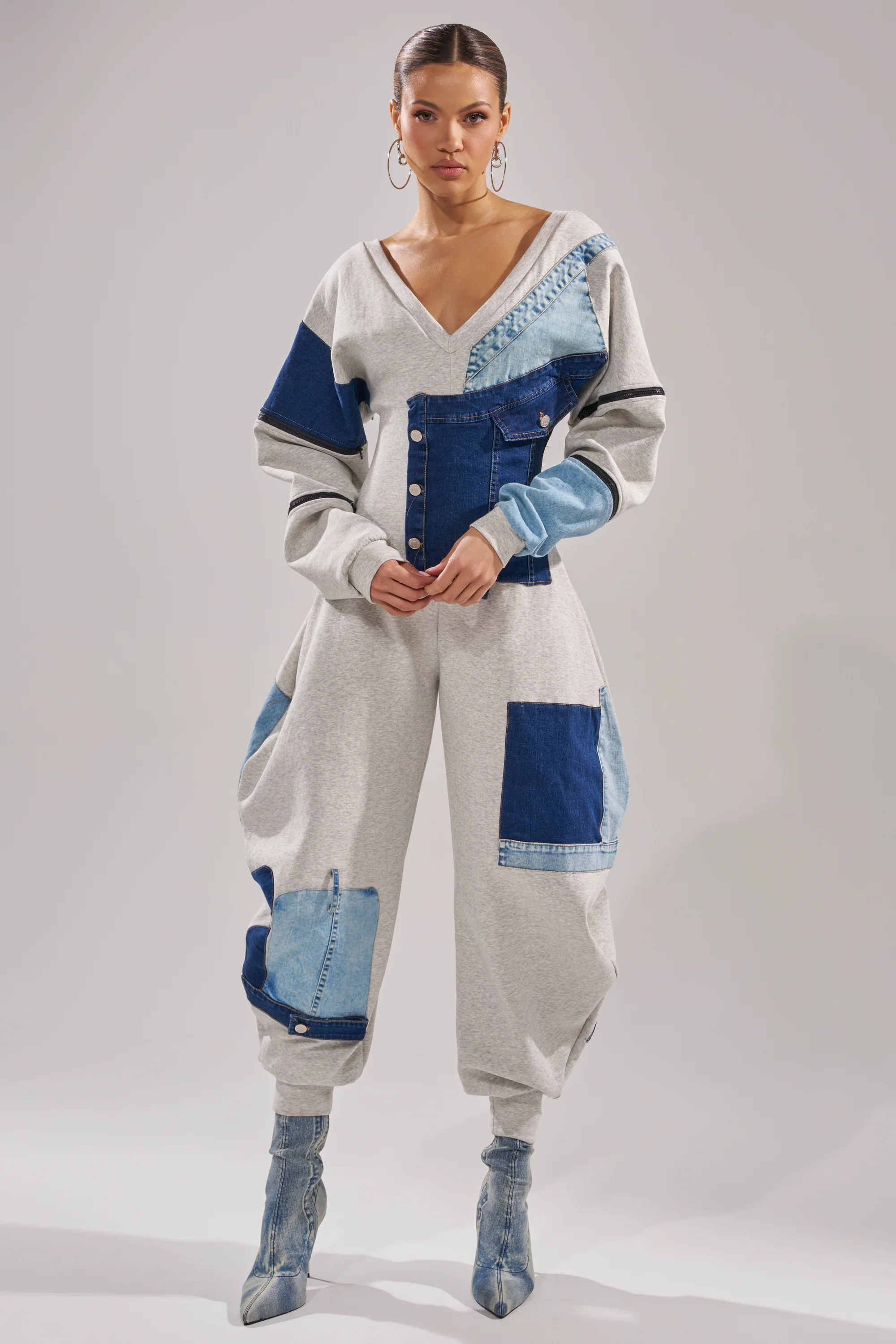 COMFY COZY PATCHWORK JUMPSUIT IN HEATHER GREY
