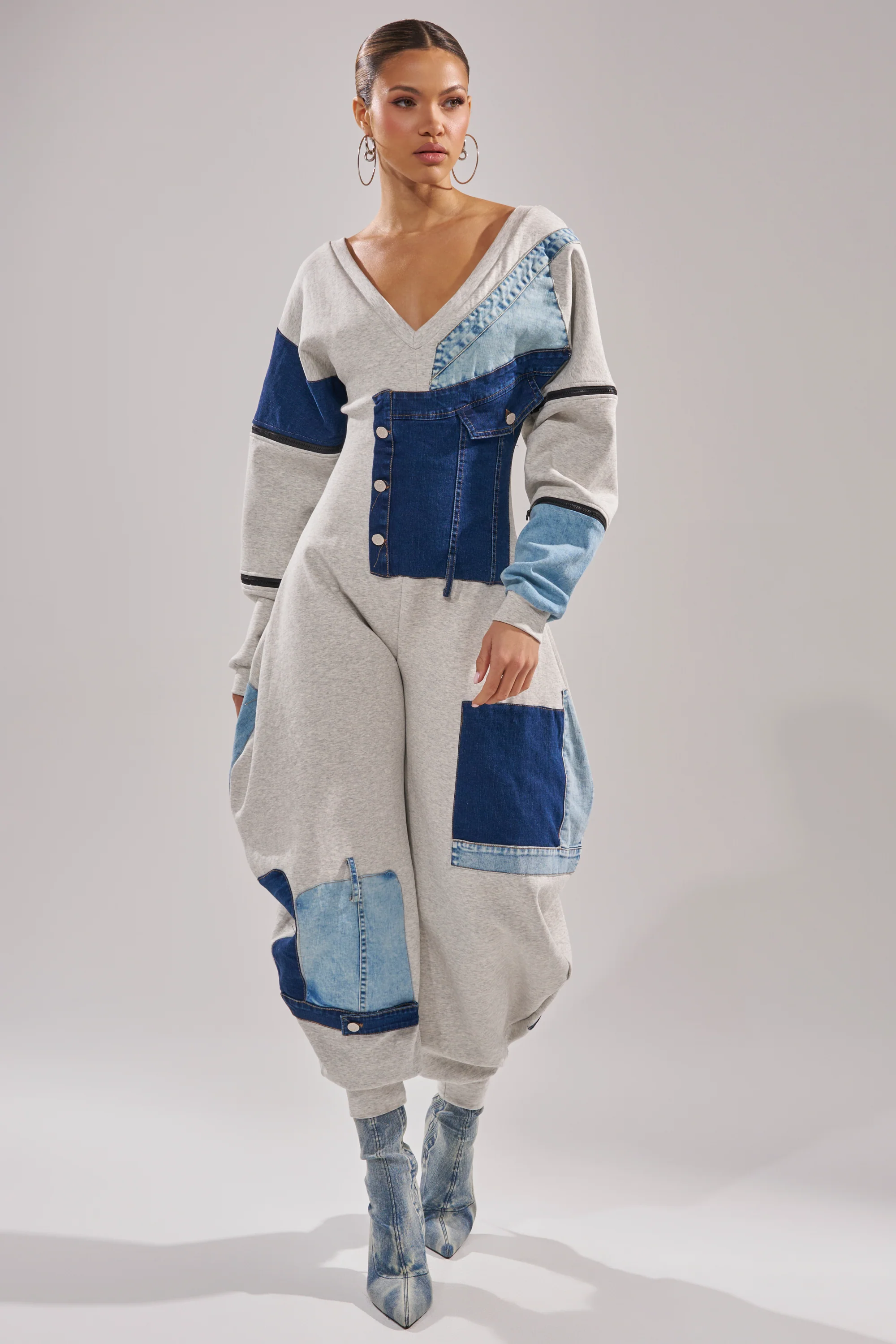 COMFY COZY PATCHWORK JUMPSUIT IN HEATHER GREY - Image 2