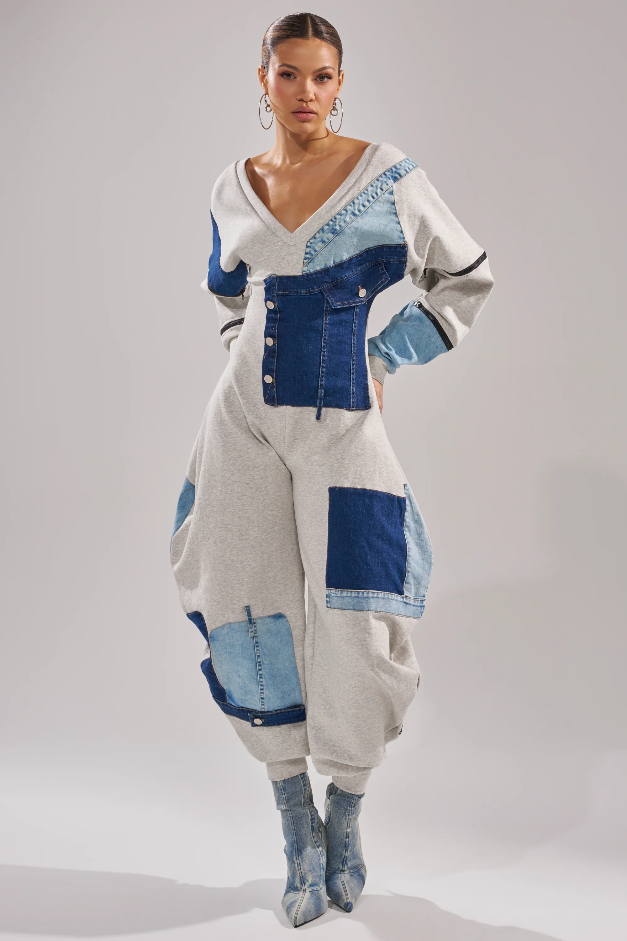 COMFY COZY PATCHWORK JUMPSUIT IN HEATHER GREY - Image 3