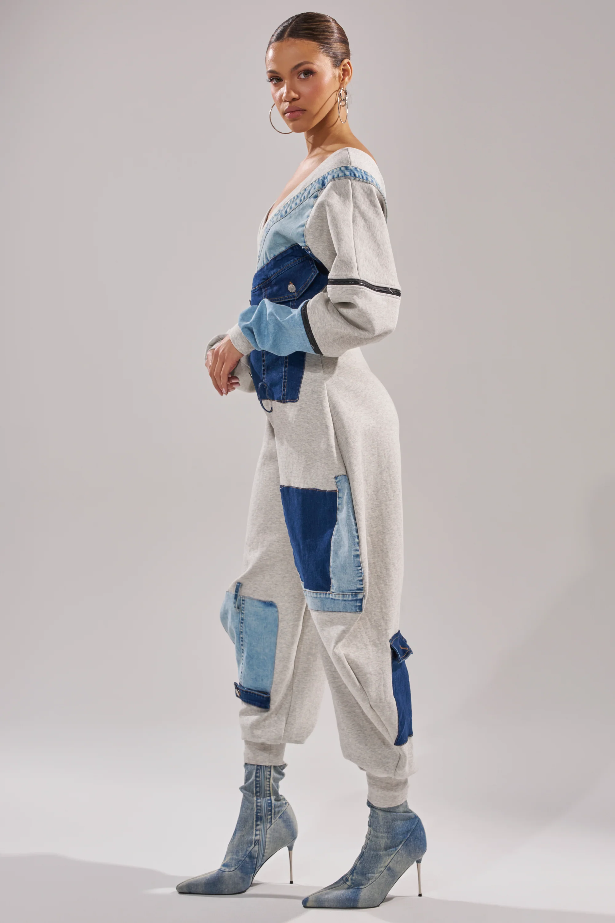 COMFY COZY PATCHWORK JUMPSUIT IN HEATHER GREY - Image 4