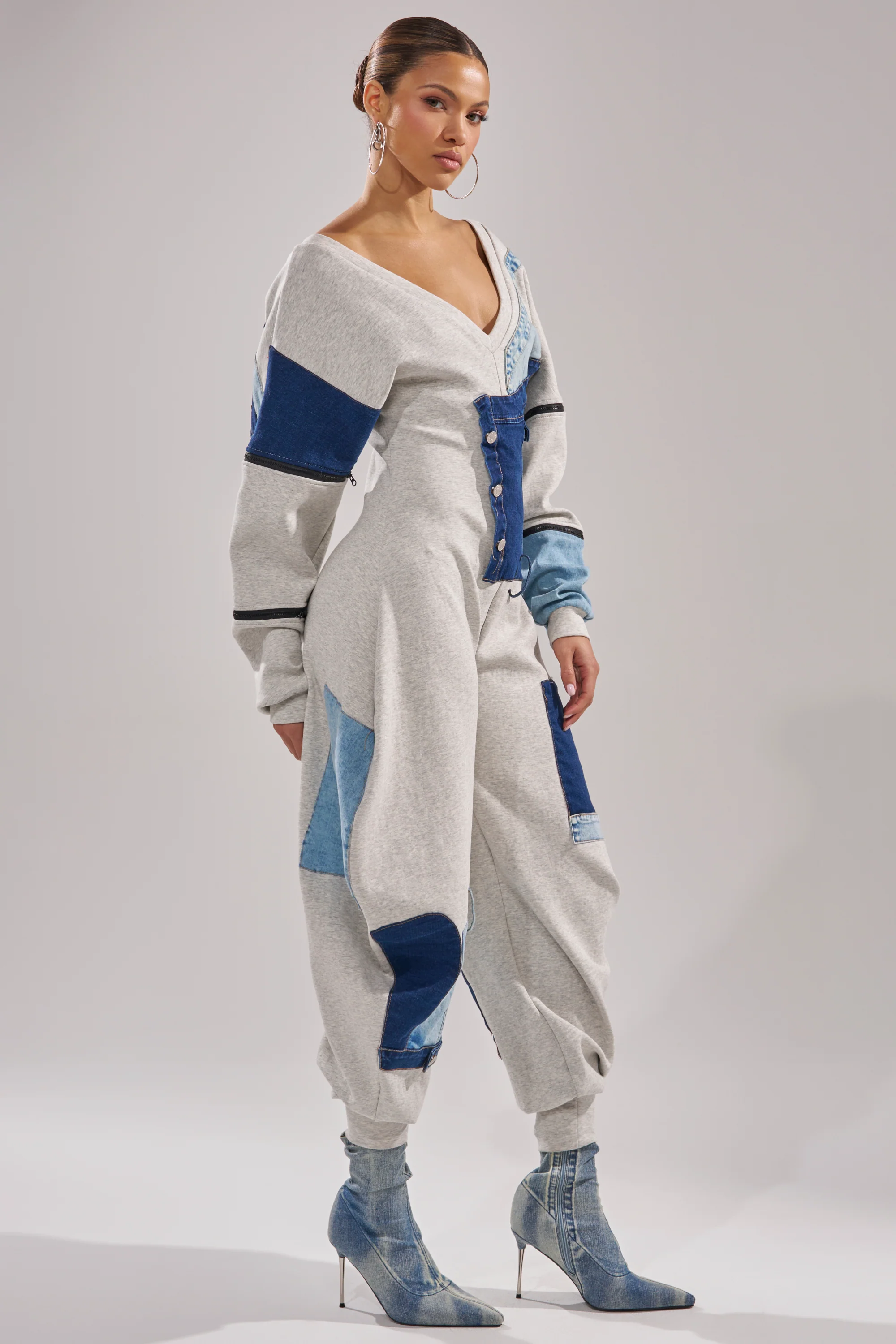COMFY COZY PATCHWORK JUMPSUIT IN HEATHER GREY - Image 5