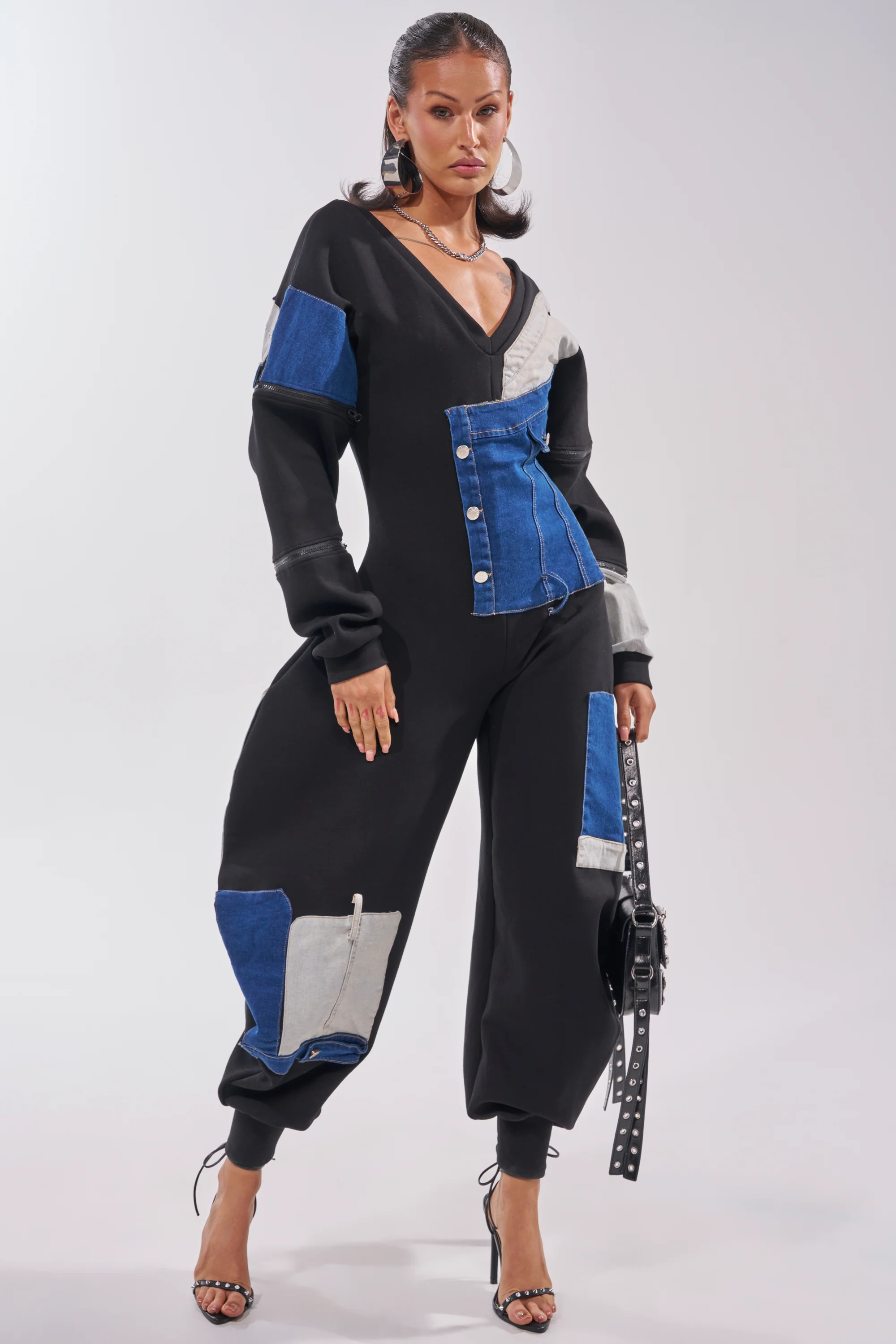 COMFY COZY PATCHWORK JUMPSUIT IN BLACK