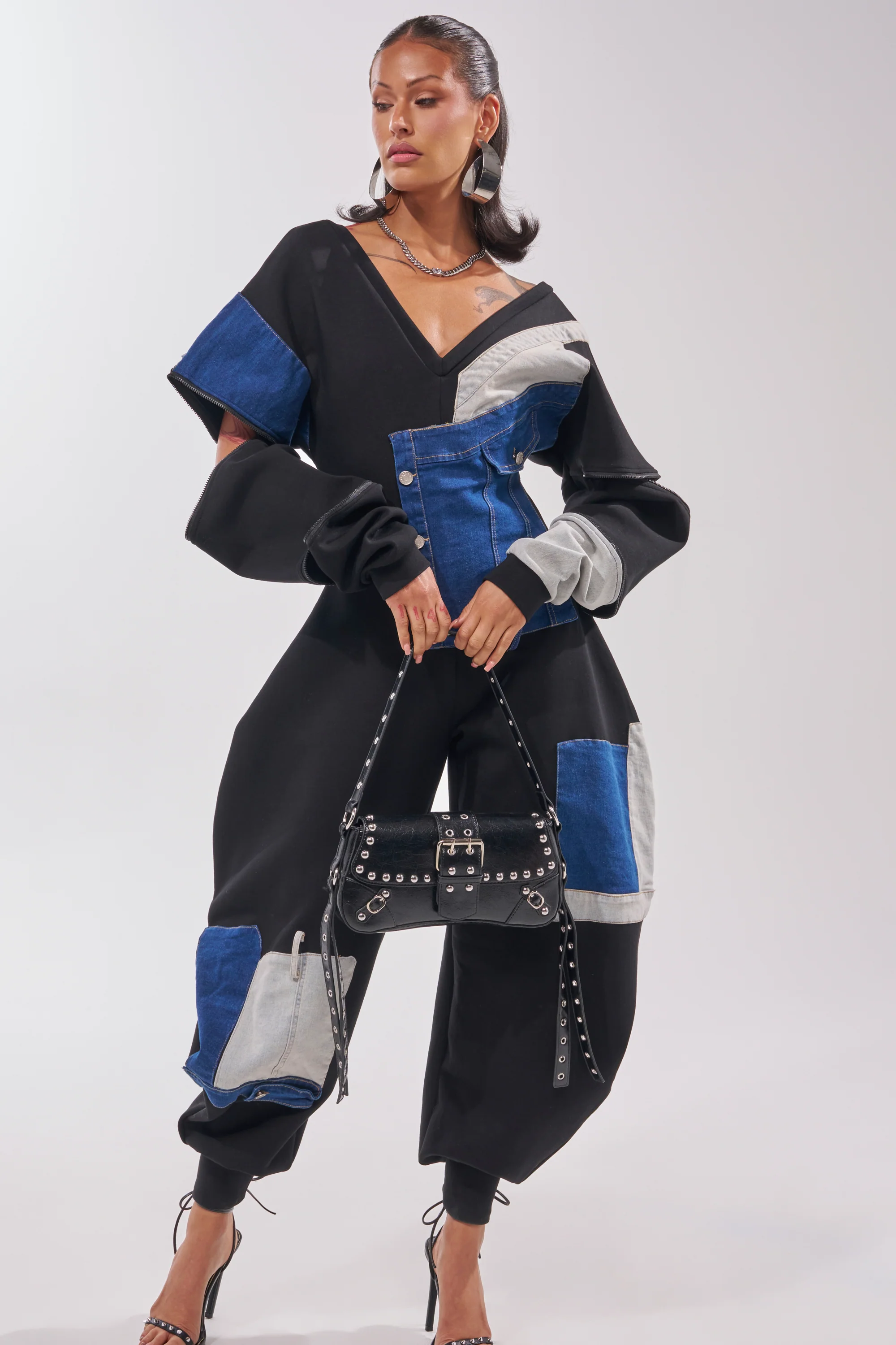 COMFY COZY PATCHWORK JUMPSUIT IN BLACK - Image 2
