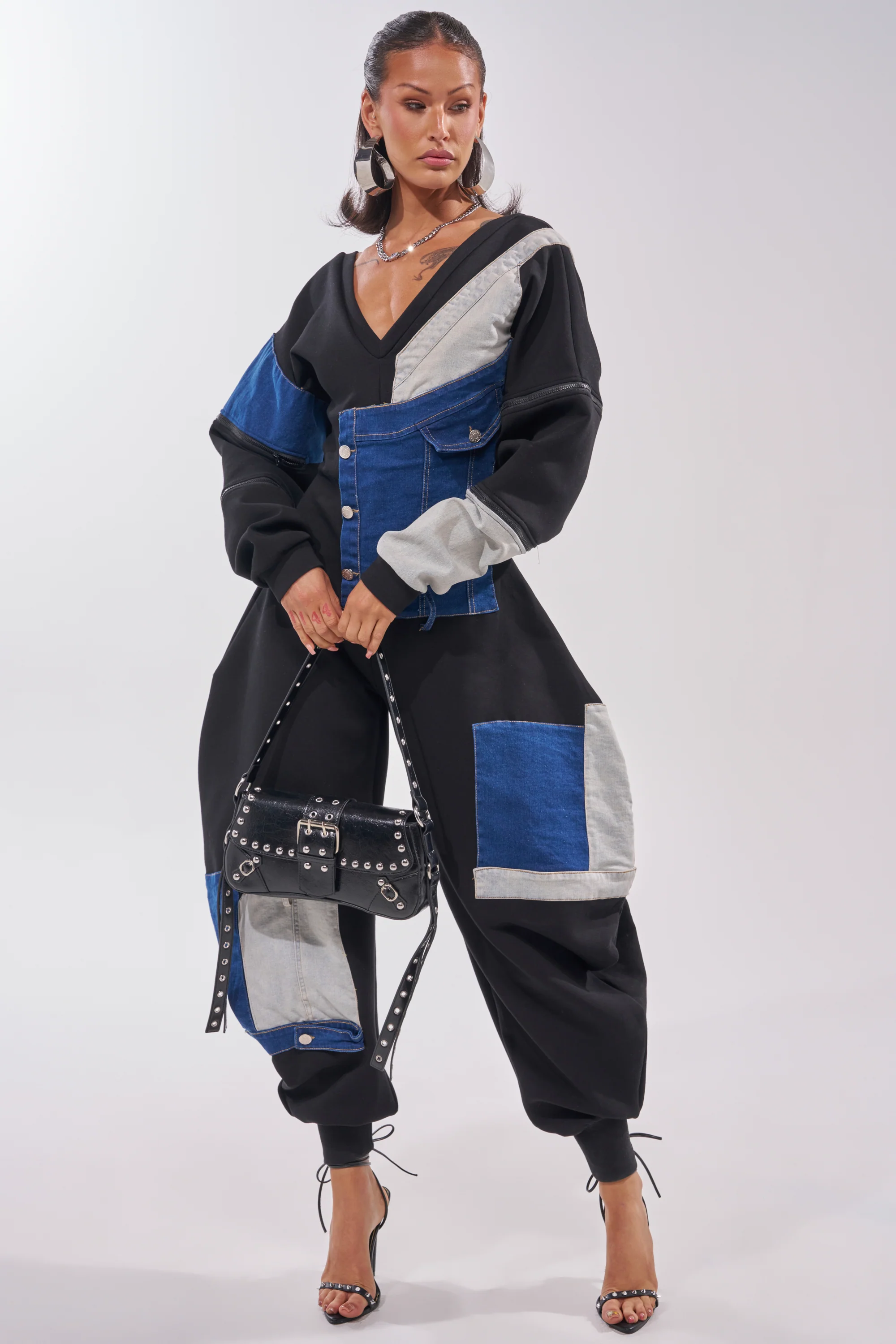 COMFY COZY PATCHWORK JUMPSUIT IN BLACK - Image 3