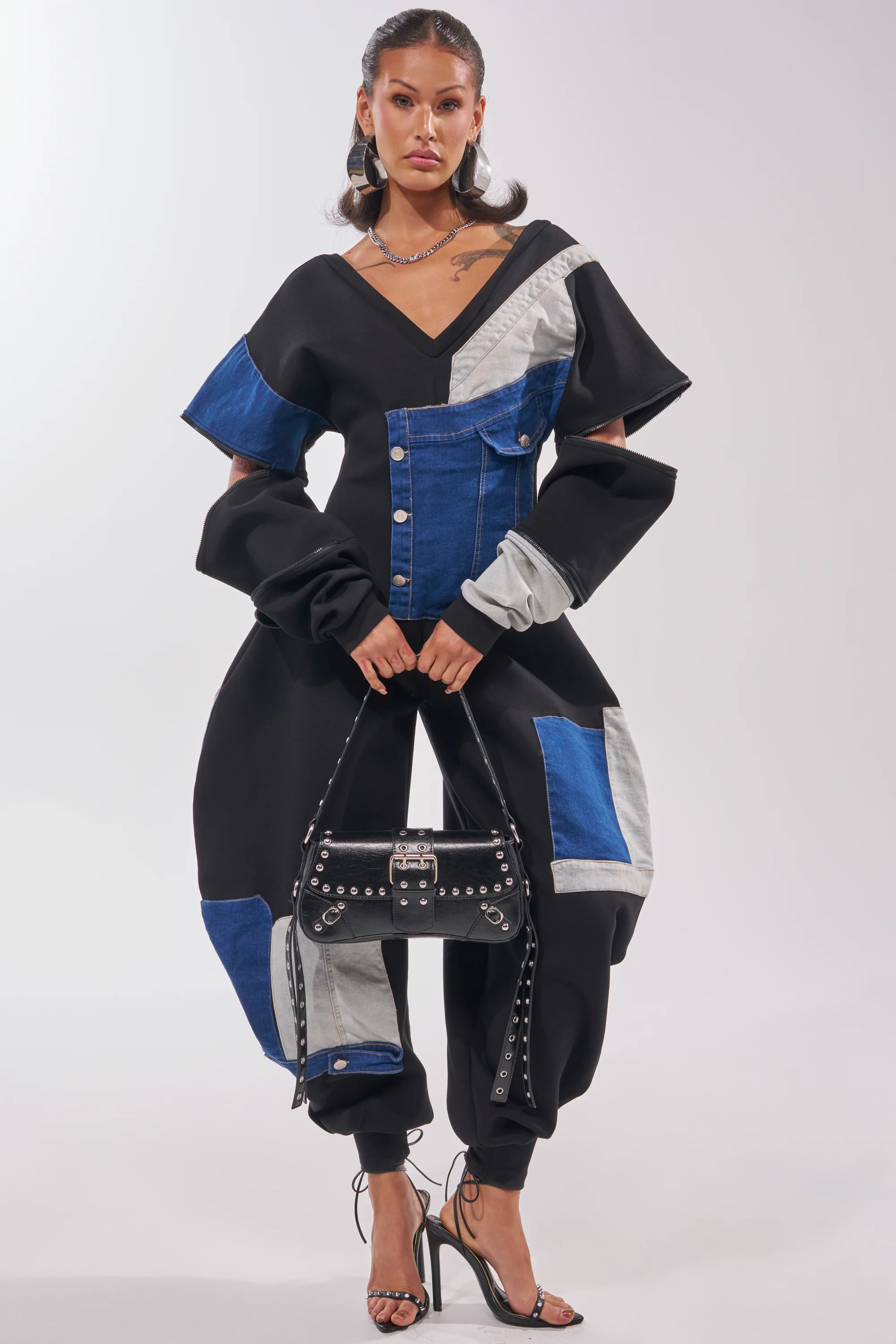 COMFY COZY PATCHWORK JUMPSUIT IN BLACK - Image 4
