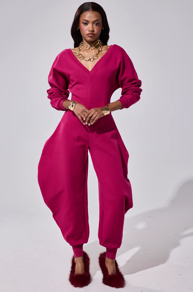 COMFY COZY SWEATSHIRT JUMPSUIT IN PLUM - Image 4