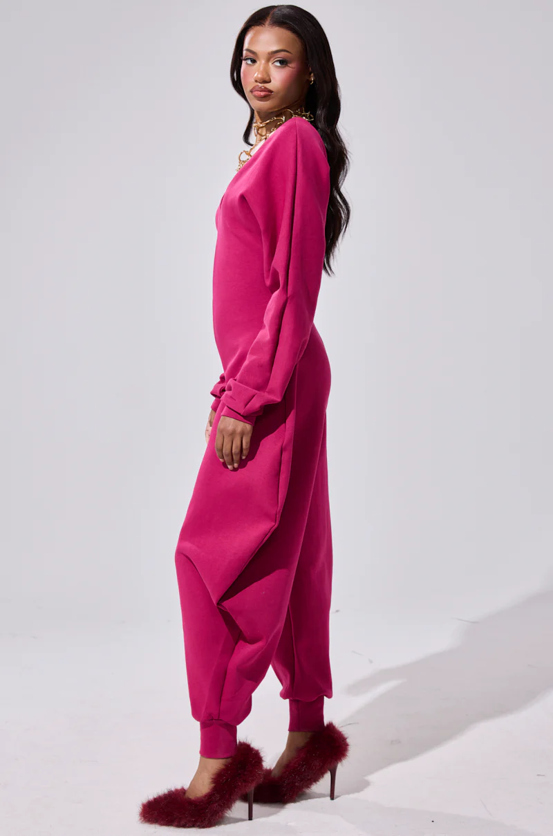 COMFY COZY SWEATSHIRT JUMPSUIT IN PLUM - Image 5