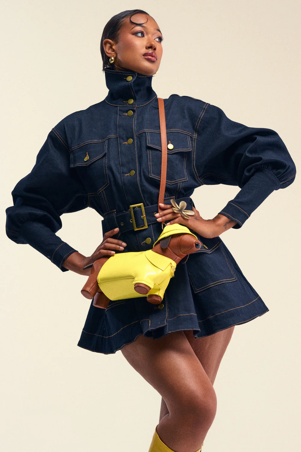 DAILY POWER BELTED DENIM MINI DRESS