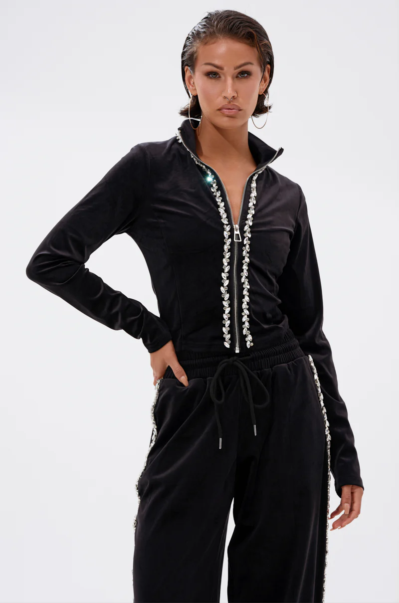 DARA RHINESTONE MOCK NECK ZIP-UP SWEATSHIRT