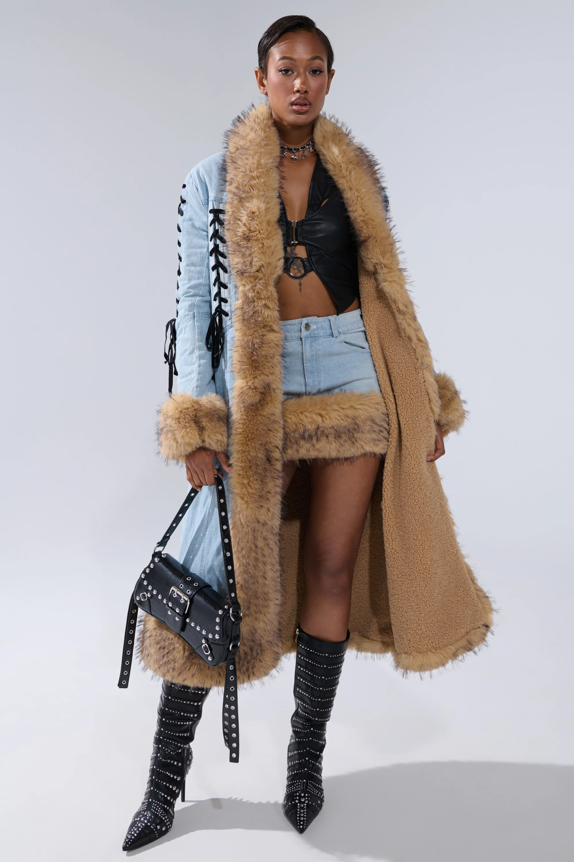 ERYKAH FUR TRIM DENIM MINI SKIRT - Image 9