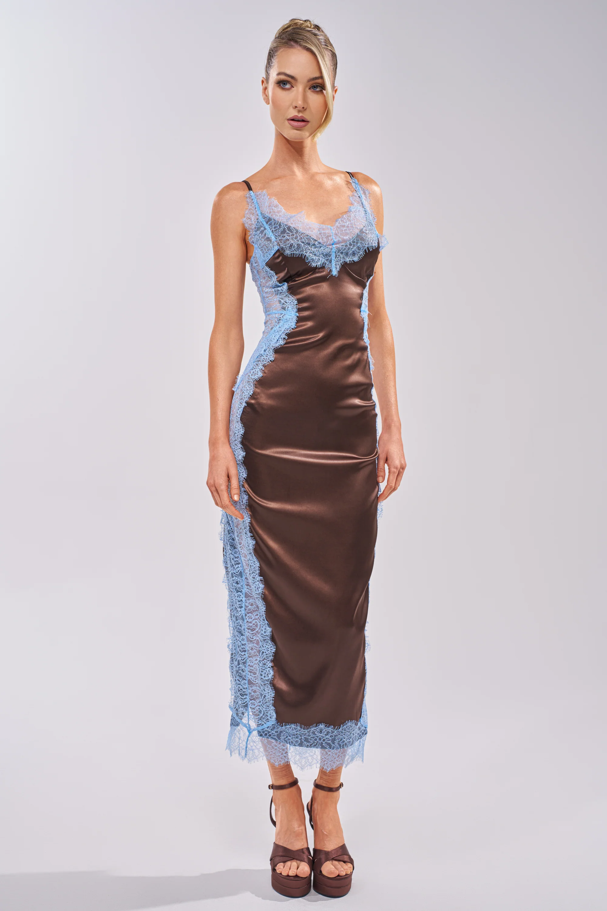 ESSENTIAL LACE TRIM SATIN SLEEVELESS MAXI DRESS IN BROWN - Image 2