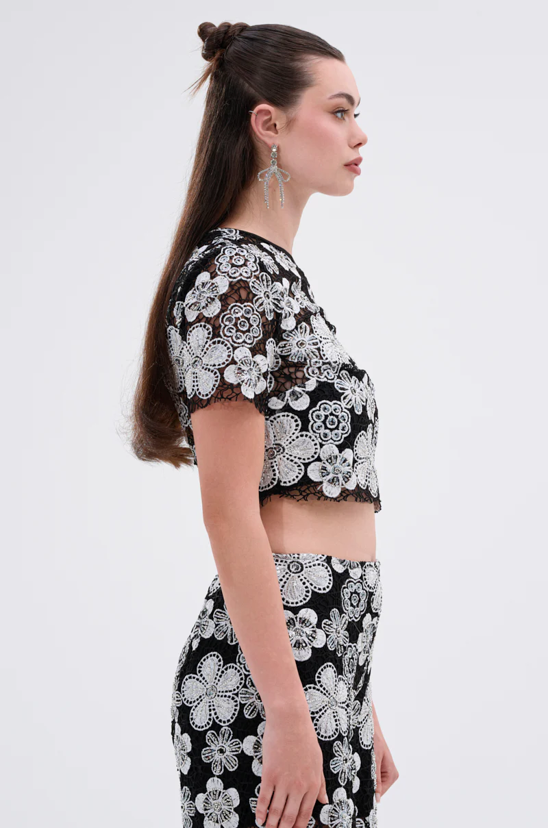 FLORAL SEQUIN MESH SHORT SLEEVE BLOUSE - Image 2