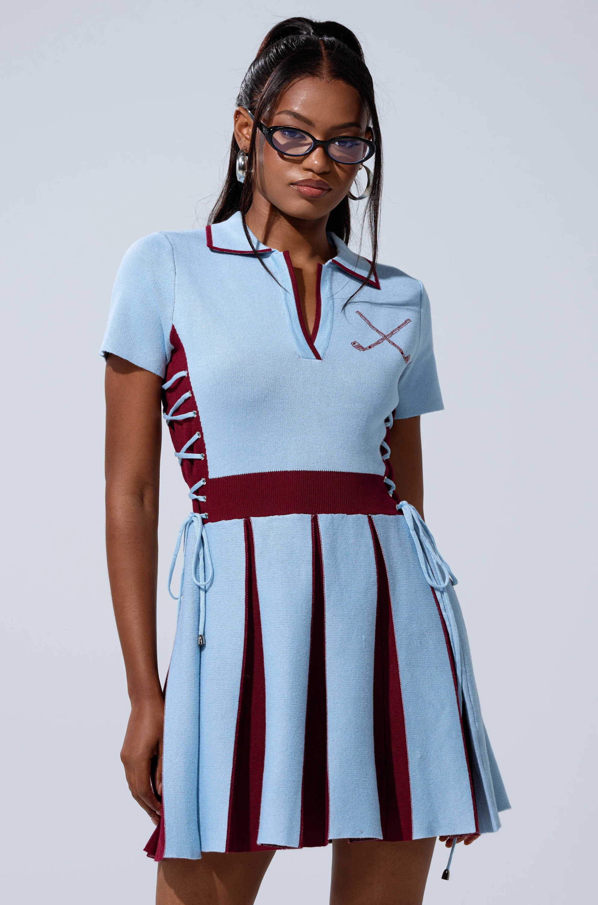 DREKE KNIT MINI DRESS IN BLUE AND BURGUNDY - Image 4
